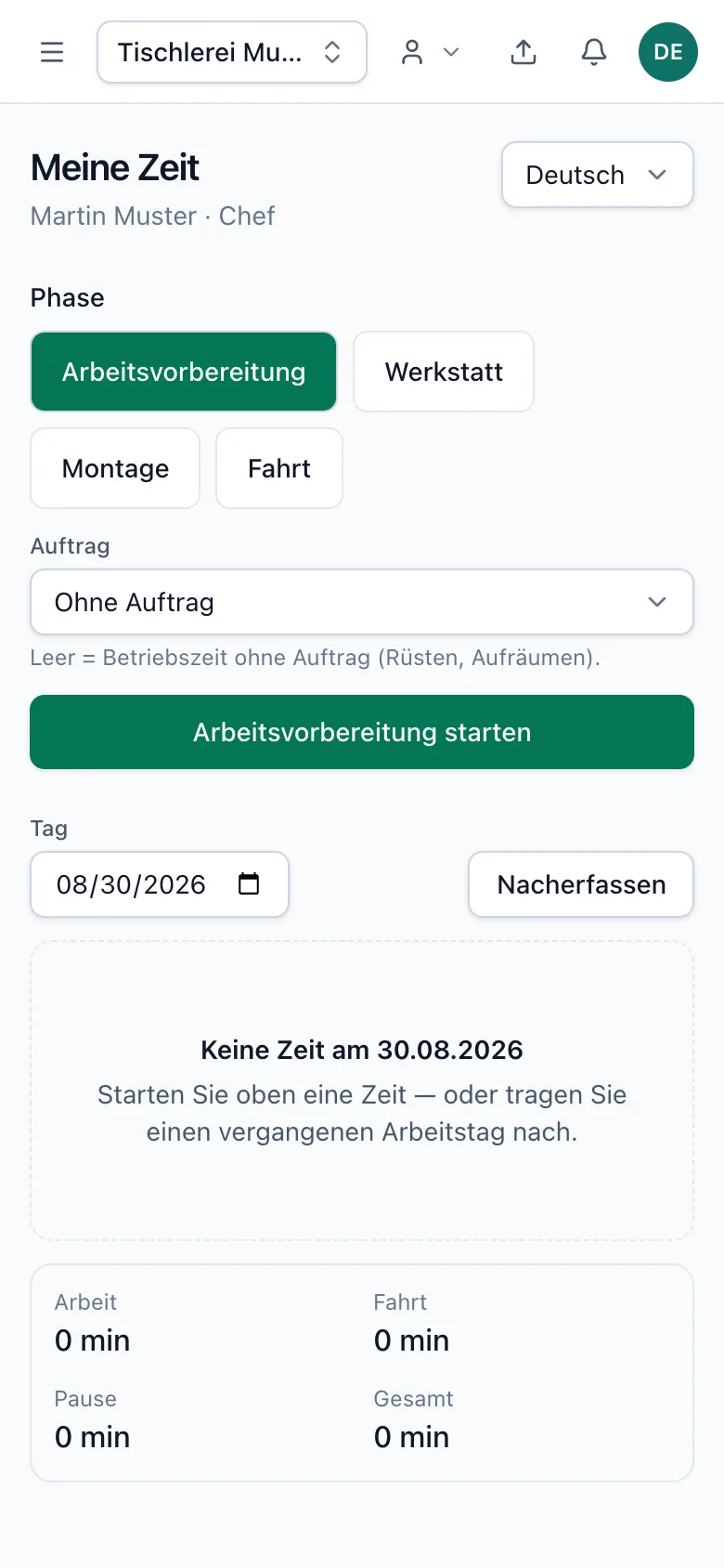 Zeiterfassung am Handy mit Phasen Arbeitsvorbereitung, Werkstatt, Montage und Fahrt
